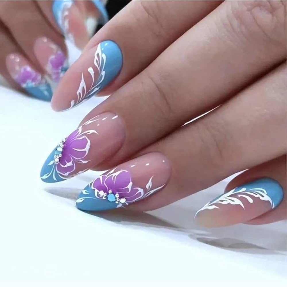 Floral Rhinestone Press On Nails